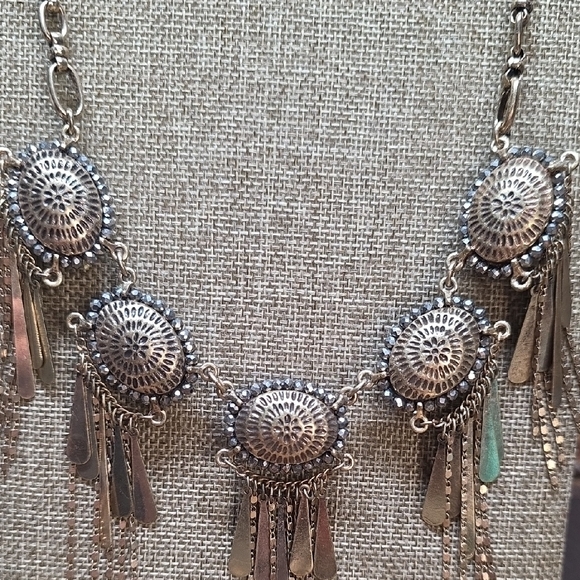 Lapis Lazuli Gold Tone Statement Dangle Necklace With Fringe - Picture 5 of 8